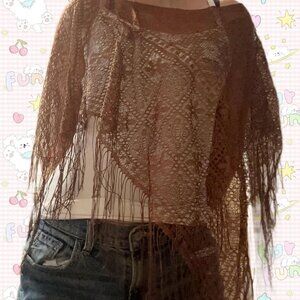 Brown crochet shawl with fringe